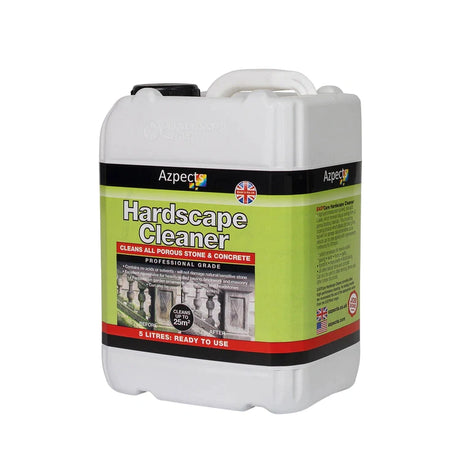 A 5-litre jug of Azpects Hardscape Cleaner for stone and concrete.