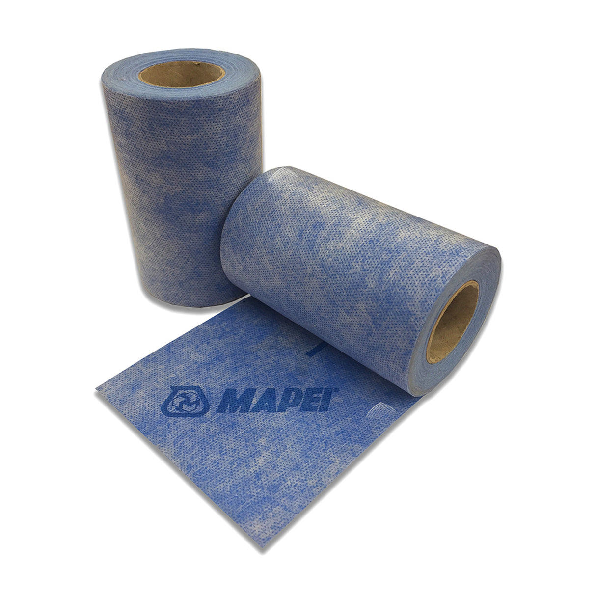 Two blue industrial paper rolls, one partially unrolled, with branded text.