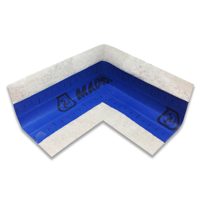 Blue and white corner-shaped adhesive waterproofing membrane on a white background.