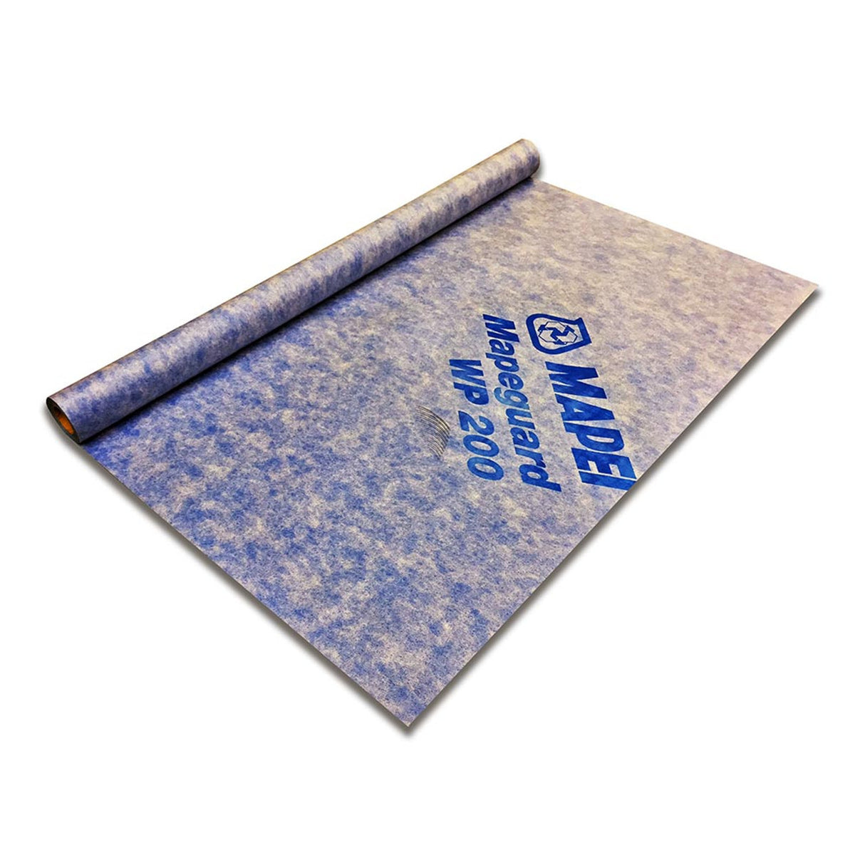 Rolled and partially unrolled waterproofing membrane sheet with "MAPEI Mapeguard WP 200" logo.