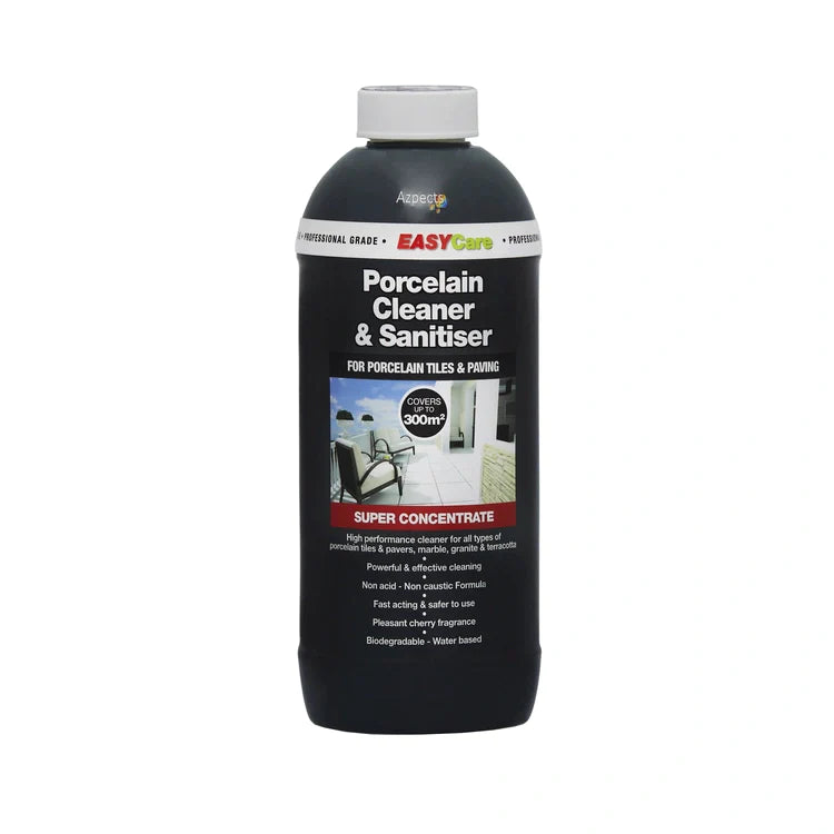 Bottle of porcelain cleaner and sanitiser for tiles and paving.