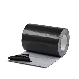 A roll of black industrial tape with a glossy finish, partially unrolled to show the adhesive side.