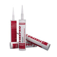 Three tubes of Rockwool FirePro firestop sealant with red and white labeling on a white background. Two tubes are standing upright with nozzle attachments, and one tube is lying horizontally in front.