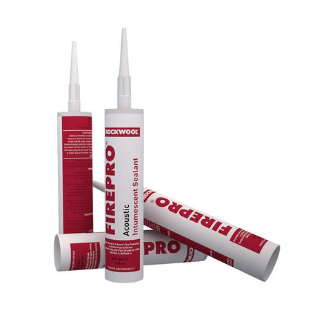 Three tubes of Rockwool FirePro firestop sealant with red and white labeling on a white background. Two tubes are standing upright with nozzle attachments, and one tube is lying horizontally in front.