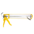 A manual caulking gun with a yellow tube and black handle, isolated on a white background.