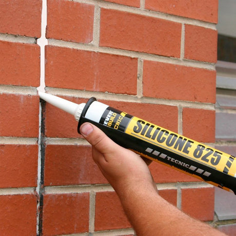 A tube of SILICONE 825 sealant with a precision applicator nozzle, featuring a yellow and black label with product information.