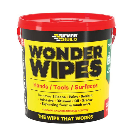 A red cylindrical container of Everbuild Wonder Wipes with a black and yellow label. The label reads "MULTI-USE," highlighting the product's ability to clean hands, tools, and surfaces, and states that it contains 100 wipes. The tagline "THE WIPE THAT WORKS" is prominently displayed at the bottom.