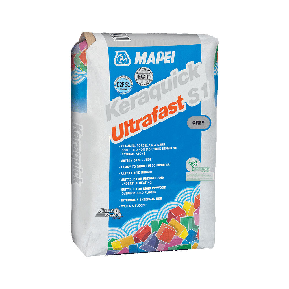 A bag of Mapei Keracquick Ultrafast S1 tile adhesive in grey color.