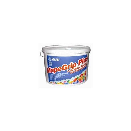 Bucket of MapeGrip Plus, a fully water-resistant adhesive for tiles.