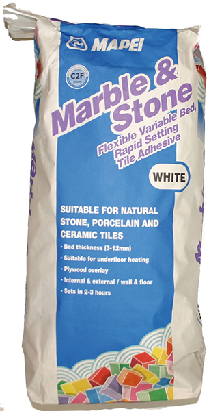 A bag of Mapei Marble & Stone tile adhesive in white, suitable for various surfaces.