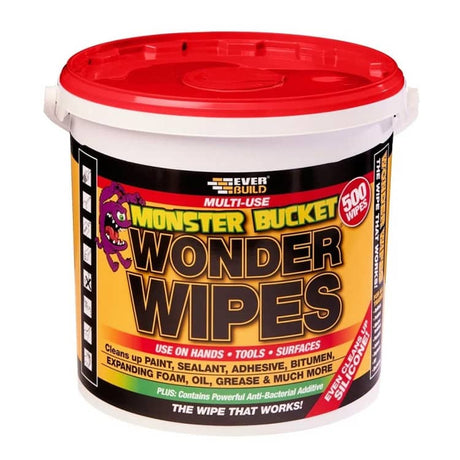 A red plastic tub of Everbuild Wonder Wipes with a black lid. The label features bold yellow and white text stating "Wonder Wipes" and lists uses such as for hands, tools, and surfaces. It also mentions the removal of substances like paint, oil, and grease, and highlights the inclusion of an antibacterial additive. The tagline "THE WIPE THAT WORKS" is prominently displayed at the bottom.