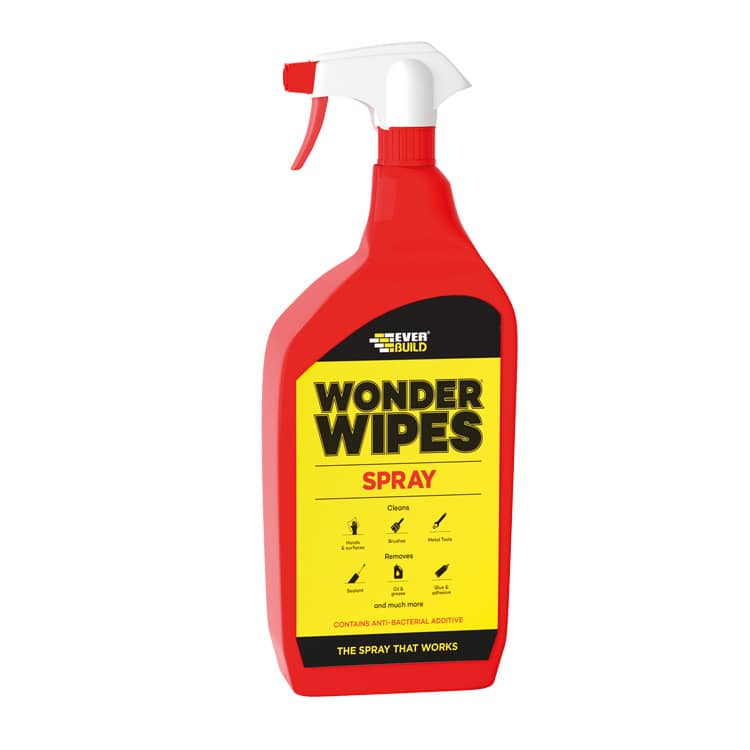 A plastic tub of "Monster Multi-Use Wonder Wipes" with a red lid. The label indicates that the wipes are suitable for cleaning up paint, sealant, adhesive, bitumen, expanding foam, oil, grease, and much more. The product claims to have over 500 wipes and includes anti-bacterial action.