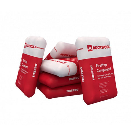 Three bags of ROCKWOOL FIREPRO Firestop Compound stacked together. The bags are red and white with the product name and brand clearly visible.