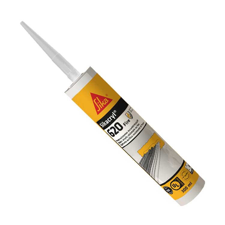 A tube of SikaSil 670 Fire silicone sealant with a long nozzle, primarily white with yellow and red branding, against a white background.