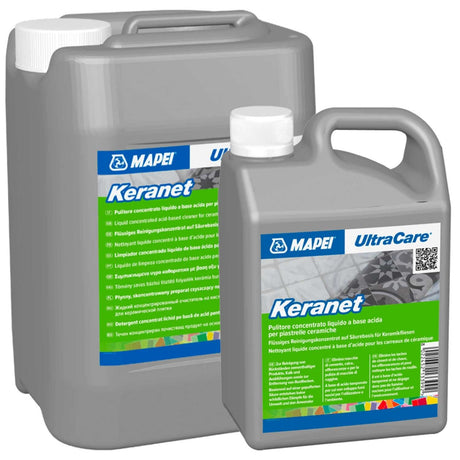 Two plastic jugs of Mapei Keranet liquid cleaner with blue and white labels.